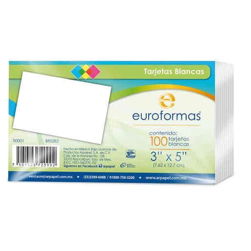 Tarjetas Bibliográficas Blancas Lisas 3x5" P/100 Tarjetas
